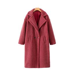 pink jacket women faux fur thick warm long coat winter pockets double breasted sleeve outerwear casual streetwear 210521