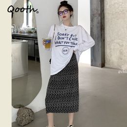 Qooth Autumn Women's Loose Long Thin Cotton Sweatshirts O Neck Casual Female Tops and Leopard Skirts 2 pcs Clothing Set QT152 210518