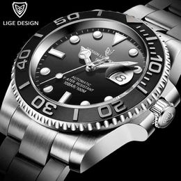 LIGE Design Automatic Mechanical Watch Men Top Brand Stainless Steel Sapphire Sport Watch Luxury 100m Waterproof Men Watches+Box 210527