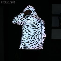 Zebra Striped Reflective Hooded Jacket Men Women Hip Hop Running Pocket Jackets Coats Mens Sporting Fluorescent Clothing 210522