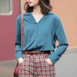 Retro Notched Neck Solid Blouse Women Long Sleeve Basic Loose Shirt Female Pleated Ladies Office Tops Blusas Feminina 210508