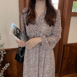 S XL Plus Size Spring Girls Boho Chiffon Female Vintage Dress Purple Print Long Sleeve Women Dresses Robe Vestido 210417