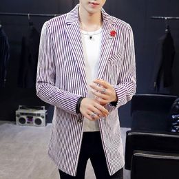 Men's Suits & Blazers Men Stylish Blazer Stripe Korean Medium Long Homme Casual Top Coat 2021 Spring Windbreaker Slim Trend Suit Jacket