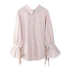 Office Lady Striped Turn Dwon Collar Single-breasted Flare Long Sleeve Lace-up Back Bow Pink Apricot Shirt B0655 210514
