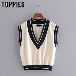Toppies New White Black Preppy Style V Neck Vest Jackets Women Knitted Waistcoats 210412