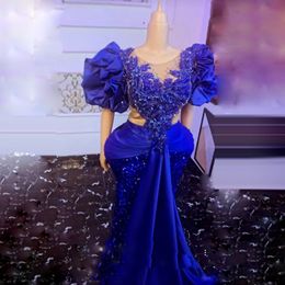 Royal Blue Puffy Sleeves Prom Dress Beaded Sequins Sheer Neck Mermaid Evening Dress Pleats Satin Sequined Women Birthday Party Gowns