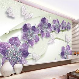 Özel Fotoğraf Kağıdı 3D Fresco Duvar Sticker Mor Elmas Kelebek Çiçek Arka Plan Duvar Papel De Parede