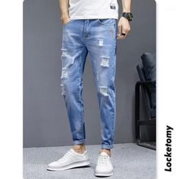Men's Jeans Summer Mens Slim Fits Pants Skinny Korean Ankle-Length Trousers Thin Ripped Denim