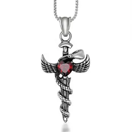 Pendant Necklaces 100% Stainless Steel Vintage Titanium Casting Angel Sword Necklace With Red Hazel Stone