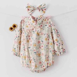 Infant Baby Girls Chinese Style Cheong-sam Rompers Clothes Bodysuit Long Sleeve And Hair Band 210429