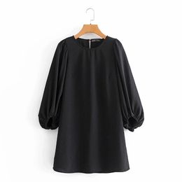 Spring Women Lantern Sleeve Black Midi Dress Female O Neck Clothes Casual Lady Loose Vestido D7125 210430