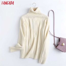 Tangada High Quality Women Beige Woollen Turtleneck Knitted Sweater Jumper Female Elegant Pullovers Chic Tops 6D70 211103