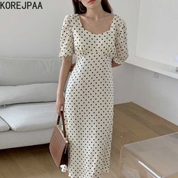 Korejpaa Women Dress Summer Korean Chic Ladies Elegant Temperament Square Collar Polka Dot Slimming Puff Sleeve Vestidos 210526