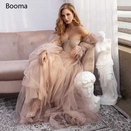 Sweet Dusty Pink Prom Dresses Off Shoulder Long Sleeves Princess Party Dresses Crumpled Tulle A-Line Formal Evening Gowns 210719