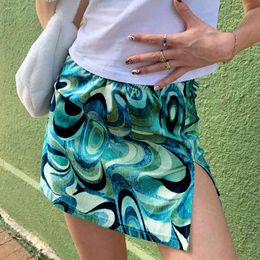 Paisley Print Green Split Mini Skirt Women Fashion Streetwear Summer Kawaii High Waist Harajuku Tie Dye Skirts Saias Faldas 210415