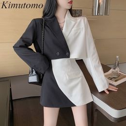 Kimutomo Fashion Two Piece Set Women Hong Kong Style Black White Patchwork Blazers and High Waist Mini Skirt Spring Chic 210521