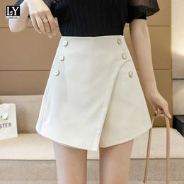LY VAREY LIN Summer Women Loose Streetwear Asymmetrical Solid Lady Shorts Wide Leg High Waist Button Casual Black 210526