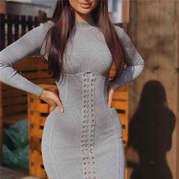 Fall Spring Autumn Bandage Dresses Women Sexy Long Sleeve Casual Mini Bodycon Dress For Women High Waist Solid Slim Dresses 210521