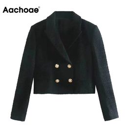Aachoae Vintage Solid Double Breasted Blazer Women Notched Neck Elegant Office Coat Female Long Sleeve Lady Short Tops Outerwear 210413
