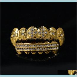 Hip Hop Teeth Gold Silver Plated Crystal 6 Top Bottom Faux Tooth Braces Rapper Body Jewelry Unisex Ngywc Grillz Wicjr