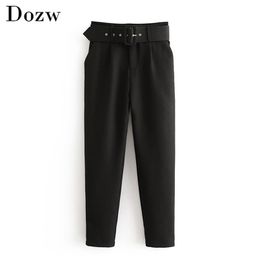 Office Lady Black Suit Pants with Belt Women High Waist Solid Long Trousers Fashion Pockets Pantalones 210915