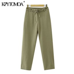 Women Fashion With Tied Office Wear Pants High Waist Zipper Fly Side Pockets Female Ankle Trousers Mujer 210420