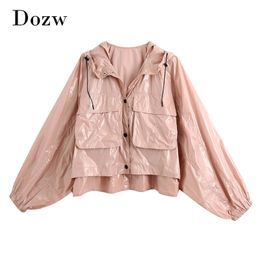 Women Fashion Pink Jacket With Pockets Streetwear Loose Hooded Coat Outerwear Ladies Long Sleeve Chic Shiny Tops 210515