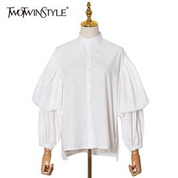 White Elegant Shirt For Women Stand Collar Puff Long Sleeve Casual Solid Blouse Female Fashion Clothing 210524