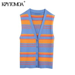 Women Fashion Single Breasted Striped Knitted Vest Sweater V Neck Sleeveless Female Waistcoat Chic Tops 210420