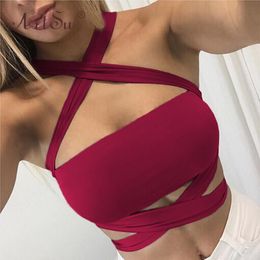 ArtSu 6 Colour Bralette Sexy Bustier Halter Bandage Crop Top Women Clubwear Tank Tops Female Summer Top Black White Red X0507