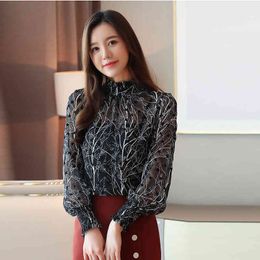 Autumn Fashion Women Chiffon Blouses Casual Stand Collar Floral Clothing Long Sleeve Printed shirt Tops GD480 210506