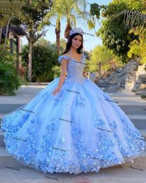 Blush Sky blue Quinceanera Dresses 2021 off shoulder Sequins Beads Flowers Princess Party Sweet 16 Ball Gown Vestidos De 15 Años