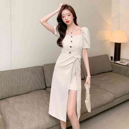 LLZACOOSH Arrive Summer Women Sexy Square Collar Draped Ladies Irregular Split Elegant Office Solid Mid-Calf Dress 210514