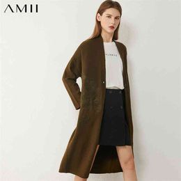 Minimalism Autumn Winter Female Cardigan Fashion Embroidery Full Sleeve Knitted Jacket Knee-length Women Coat 12070418 210527