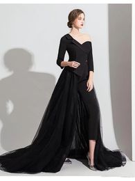 2021 Black Evening Dresses Jumpsuit Train Fashion Long Sleeve Off Shoulder Red Carpet Celebrity Occasion Prom Dress With Pant Suit