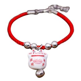 New Cute Lucky Cat Ceramic Beads Safe Bracelet Red Rope Bangle Handmade Fashion Jewellery Adjustable Length