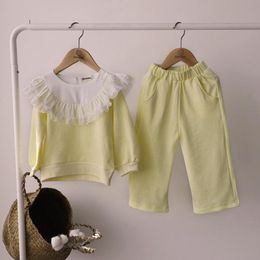 Children Clothing Spring New Baby Girls Lace Ruffle Collar Cotton Casual Sweatshirt Set Kids Girls Tops Pants Outfits Suit 210413