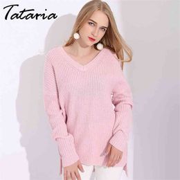 Warm Winter V Neck Knit Sweater Women Pullover Knitted Jumpers Pink s For s And Pullovers 's 210514