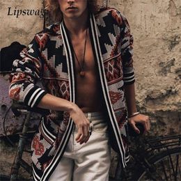 Casual Mens Cardigan Tops Autumn Long Sleeve Pocket Design Outerwear Vintage Pattern Print Slim Jacket Coats Men Streetwear 220301