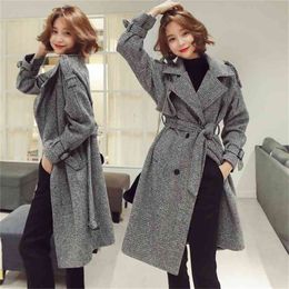 Korean Houndstooth Long Wool Coat Elegant Women Double-breasted Lapel Collar Sashes Pocket Plaid Loose Thick Woollen Outerwear 210519