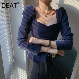DEAT New Spring And Summer Fashion Casual Long Sleeve Slim Blue Zipper Square Neck Top Shiirt Women SH230 210428