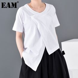 [EAM] Women White Asymmetrical Split Joint Big Size T-shirt Round Neck Short Sleeve Fashion Spring Summer A598 210512