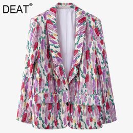 [DEAT] Fashion Wrinkle French Romantic V-neck Collar Single Breasted Flower Printed Casual Suit Jacket Women Spring GX1127 210428
