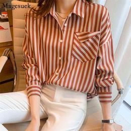 Office Lady Striped Chiffon Blouse Shirt Women Plus Size Loose Shirts Tops Female Spring Button Casual Blouses Blusas 13018 210512