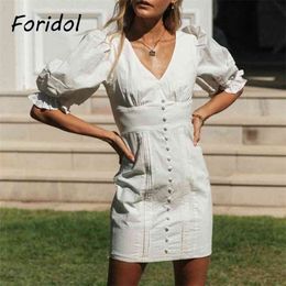 Foridol Button Up Vintage White Cotton Dress Women Summer V Neck Solid Beach Dress Holiday Casual Short Mini Dress 210415