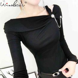 Basic Cotton T shirt Women Solid Black T-shirt Off-shoulder Diamonds Chains Long Sleeve Slim Stretchy Tops Tee Spring T02716B 210421