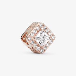 New Arrival 925 Sterling Silver Rose Gold Square Sparkle Halo Charm Fit Pandora Original European Charm Bracelet Fashion Jewellery Accessories