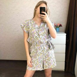 Women's Summer Clothing Korean Fashion V-neck Floral Ruffle Sleeve Lace-up Jumpsuit Wide-leg Bodysuits 210507
