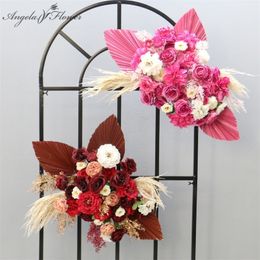 Color Golden Natural Dried Pu Fan Leaf Artificial Flower Row Arrangement Outdoor Wedding Arch Backdrop Wall Decor Hanging Floral 220311