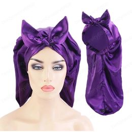 Satin Foldable Women Bonnet With Tie Long Hair Holder Sleeping Hats Wrap Night Cap Front Bowknot Head Cover Wraps for Men Unisex